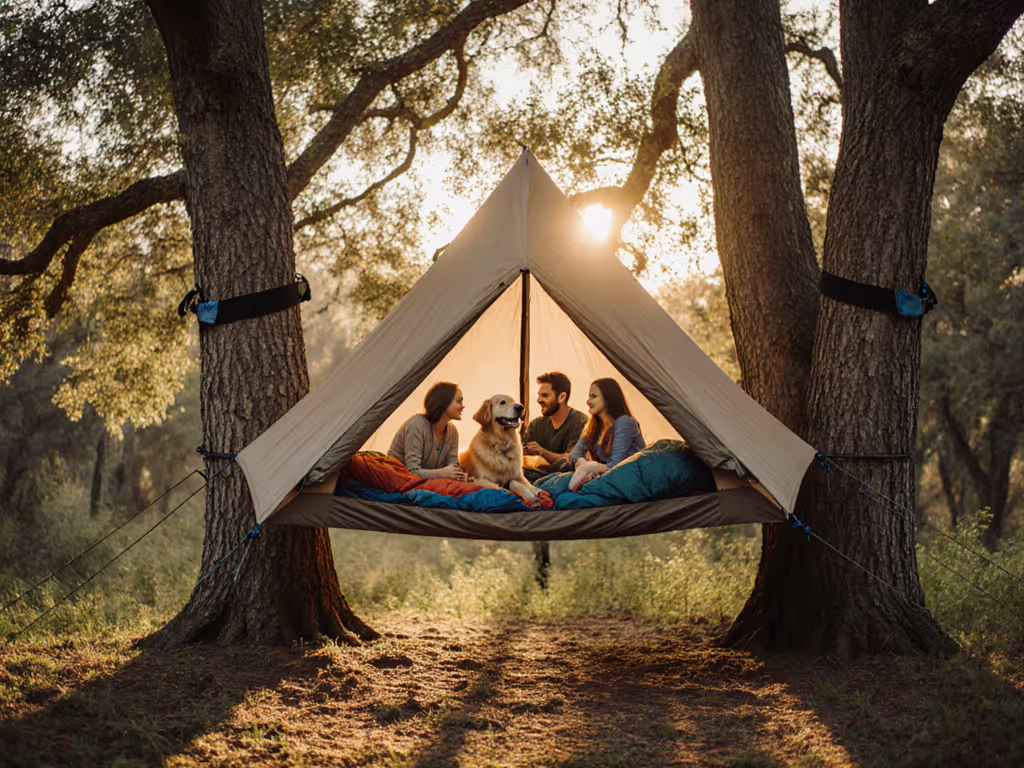 family_and_dog_relaxing_in_an_elevated_tree_tent_camping_setup_in_a_forest