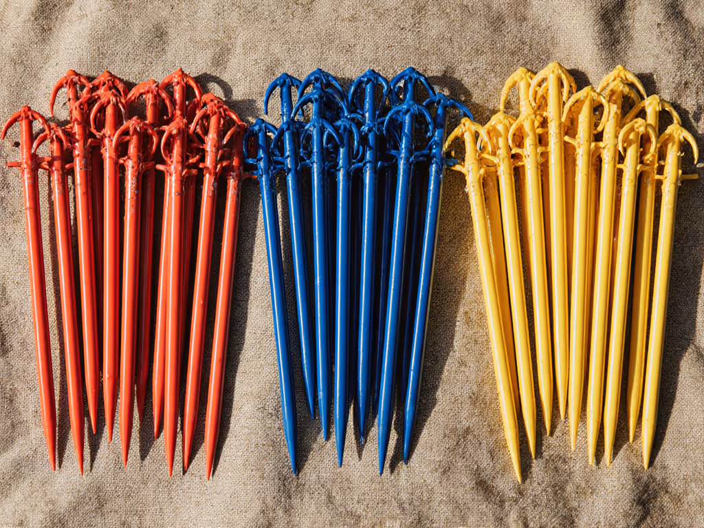 close-up_of_color-coded_stakes_with_labels_red_for_front_blue_for_back_yellow_for_guylines