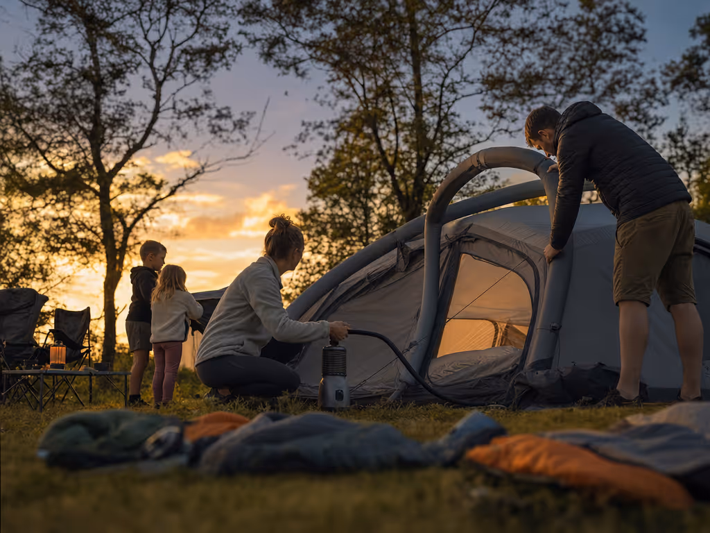 family_inflating_an_air_beam_camping_tent_at_dusk