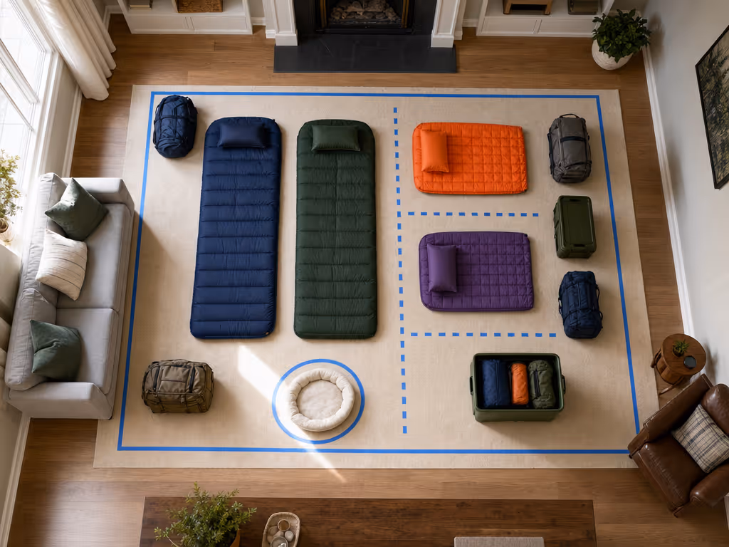 family_tent_floor_layout_planning_with_taped_pad_zones